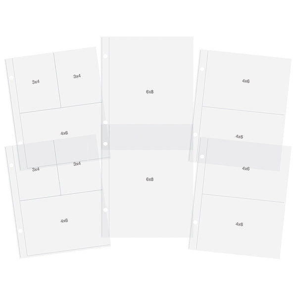 Clear photo sleeves with various size pockets. Fit SNAP 6 x 8 albums