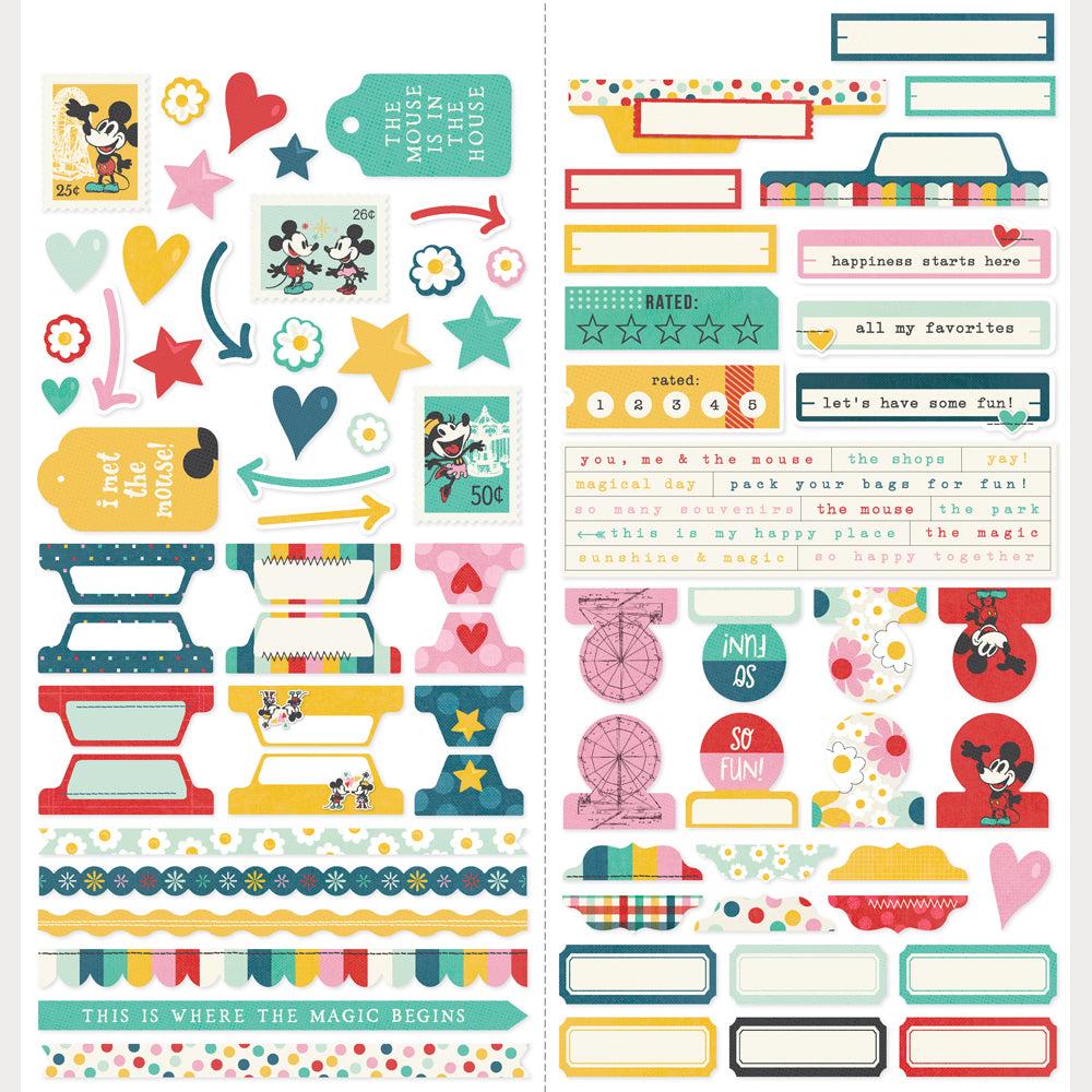 Collection of colorful stickers with various designs and text on a white background
