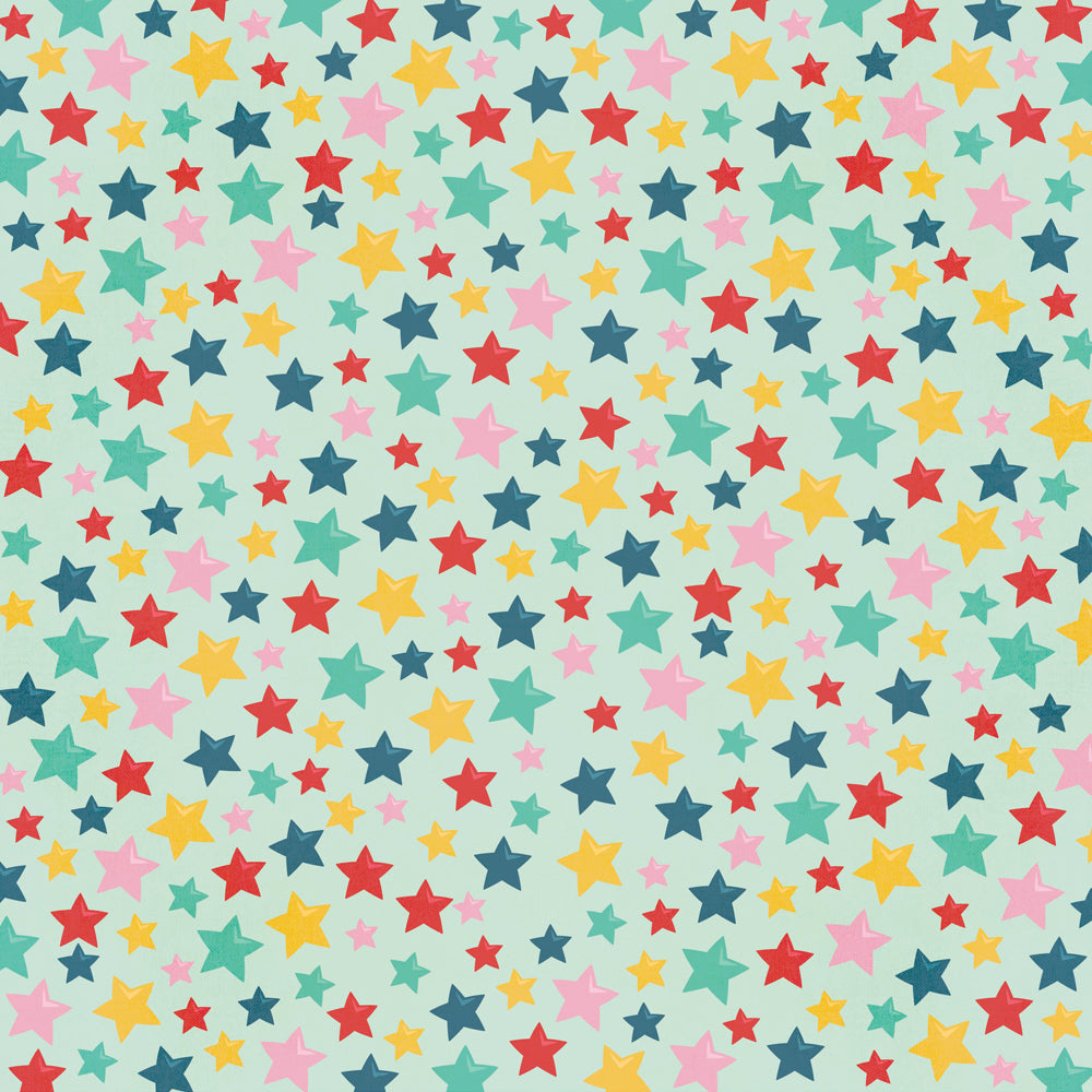 Pattern of colorful stars on a light blue background