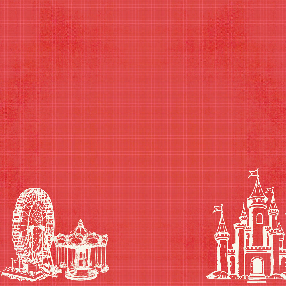 White amusement park structures on a red grid background