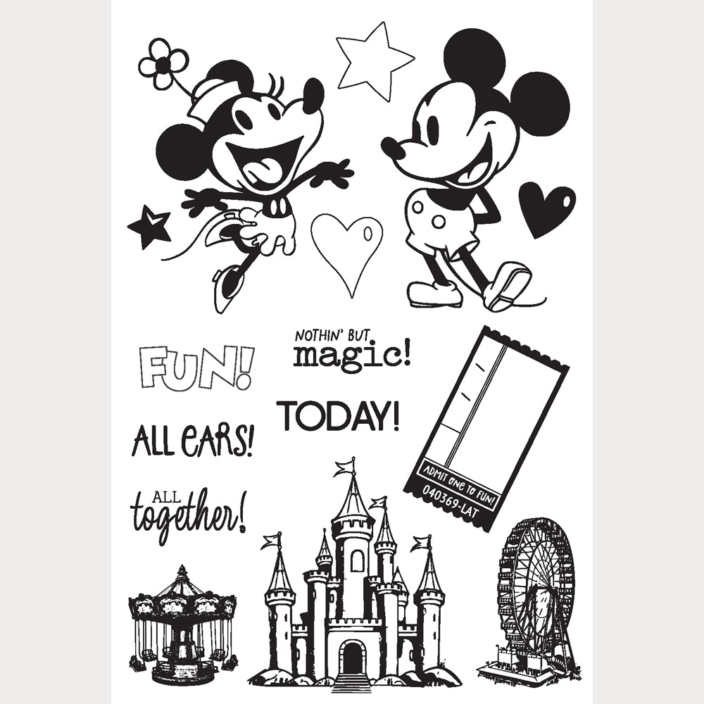Black and white illustration of cartoon characters, text, and icons on a white background