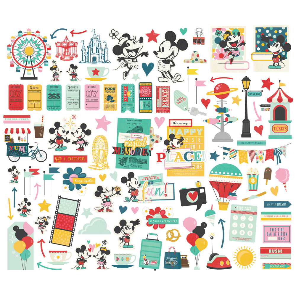 Collection of colorful illustrations featuring Mickey Mouse and various elements on a white background