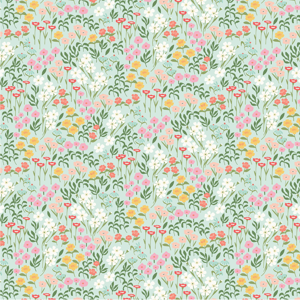 Pattern of small flowers and leaves on a light blue background