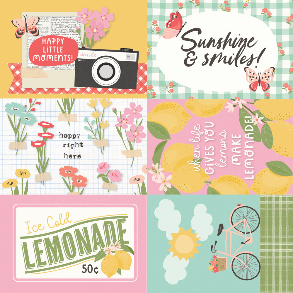 Collection of colorful cards with various designs, including flowers, lemons, and bicycles.