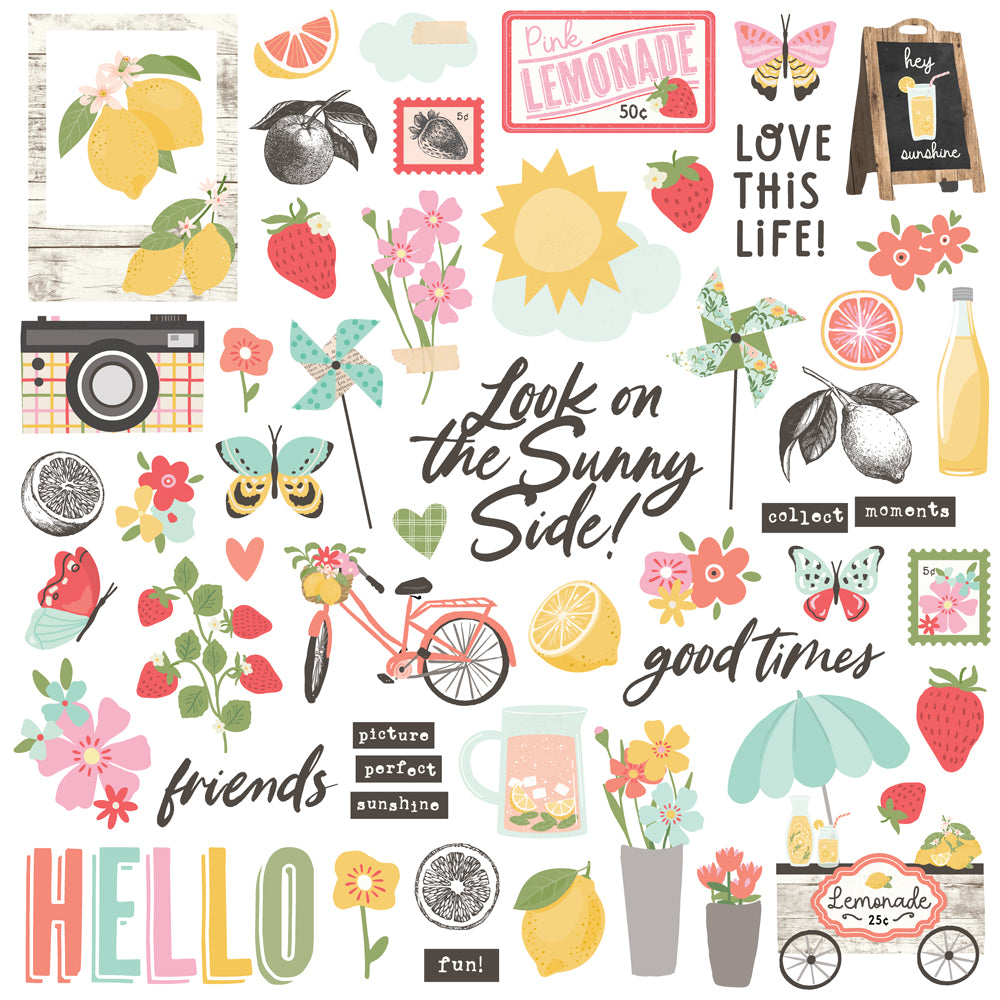 Collection of colorful illustrations including flowers, fruits, and text on a white background
