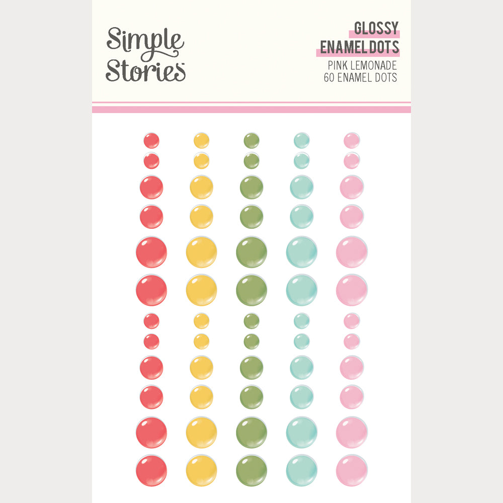 Packaging of Simple Stories Glossy Enamel Dots in Pink Lemonade colorway on a white background.