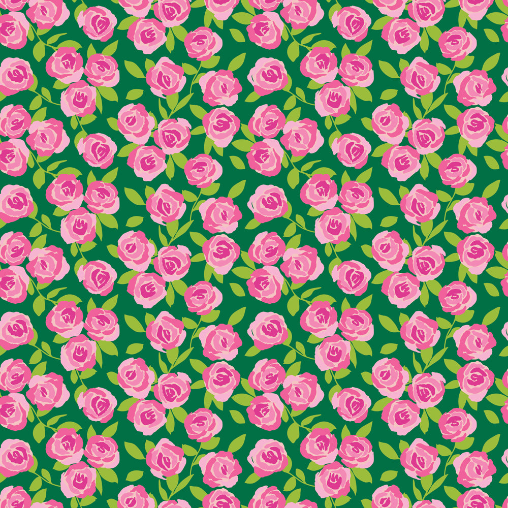Pattern of pink roses on a green background