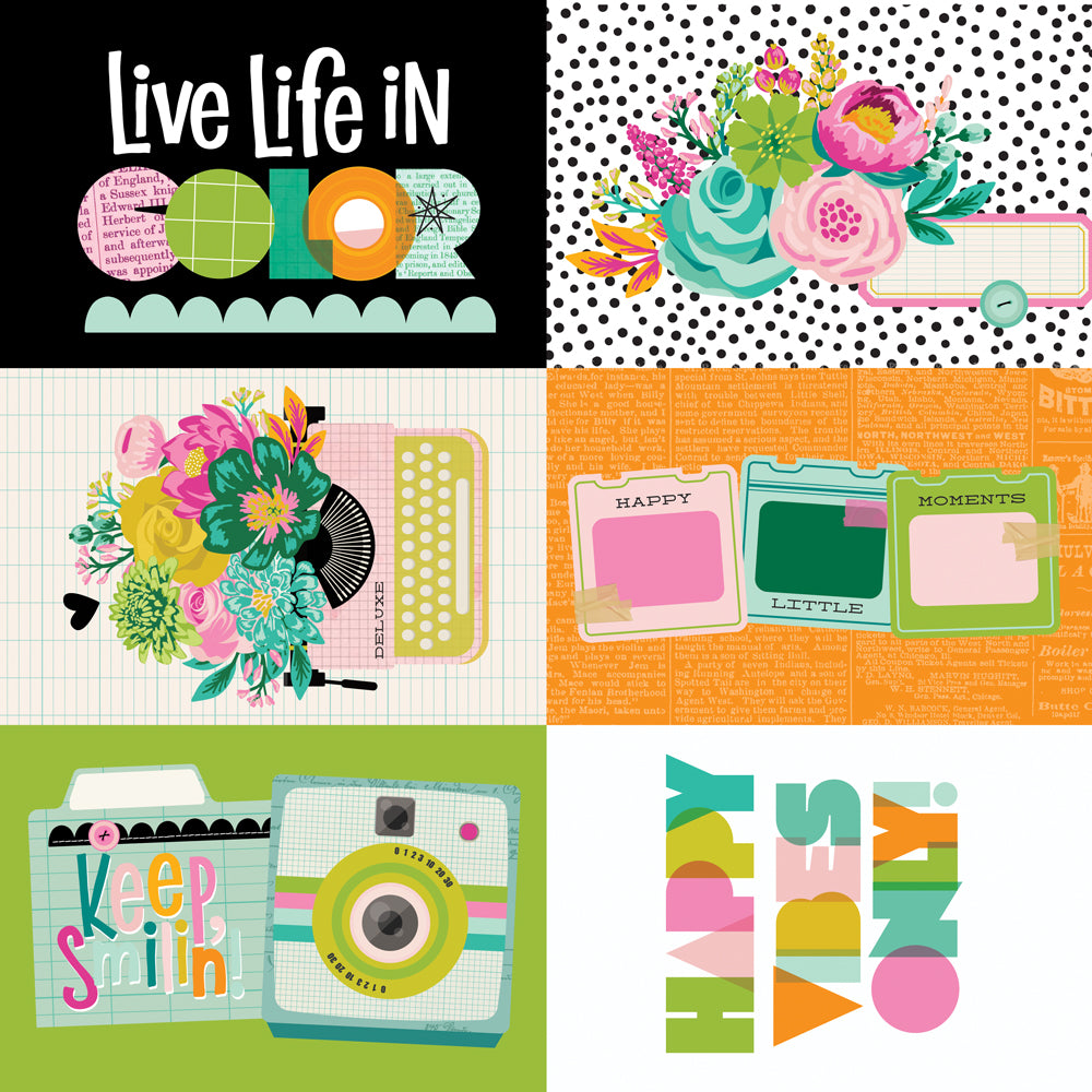 Collage of colorful design elements with text and graphics on a black background.