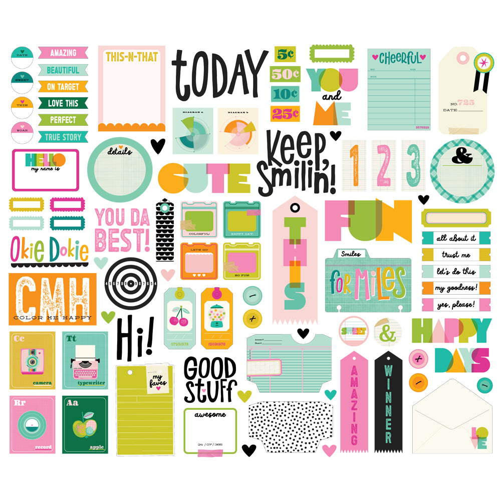 Collection of colorful ephemera with various designs and text on a white background