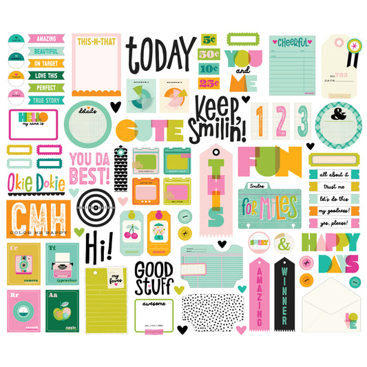 Collection of colorful ephemera with various designs and text on a white background