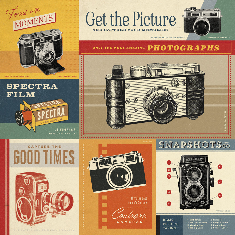Collection of vintage camera-themed posters with text and camera illustrations.