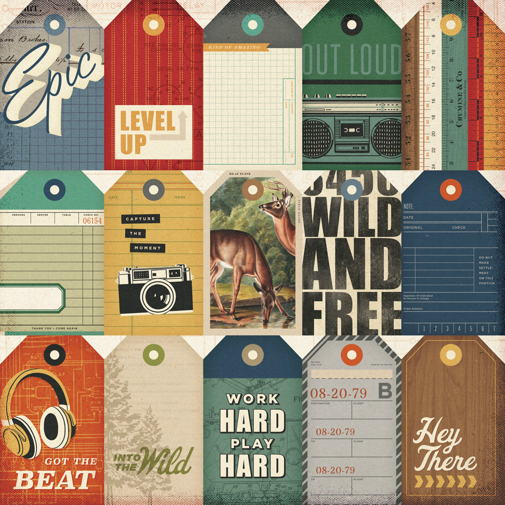 Collage of various vintage-style tags with different designs and text.