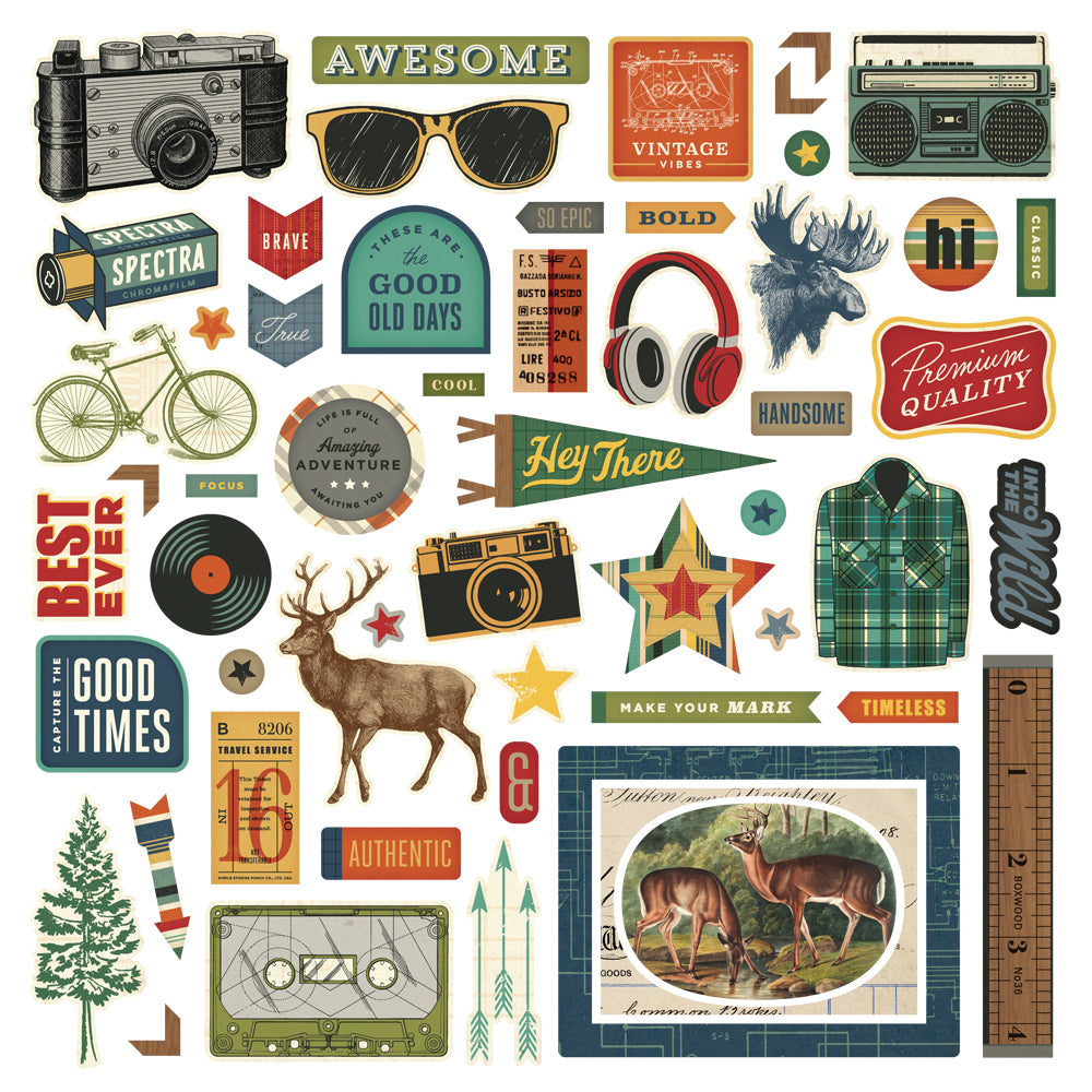 Collection of vintage-themed stickers with camera, sunglasses, bicycle, and other retro elements.