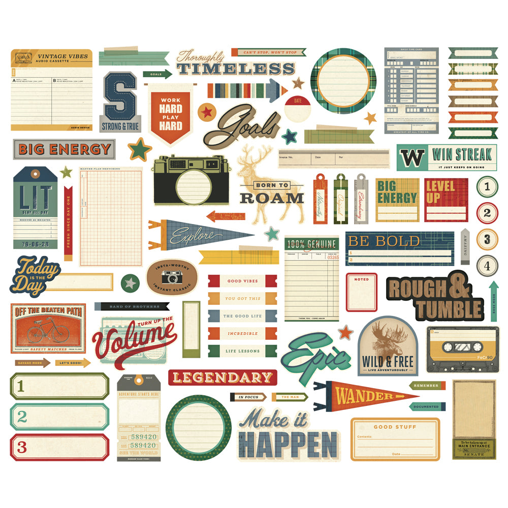 Collection of vintage-style text elements and graphics on a white background