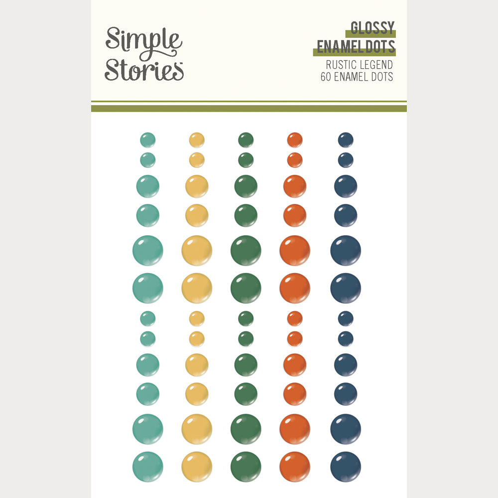 Glossy enamel dots by Simple Stories with a rustic legend theme on a white background.