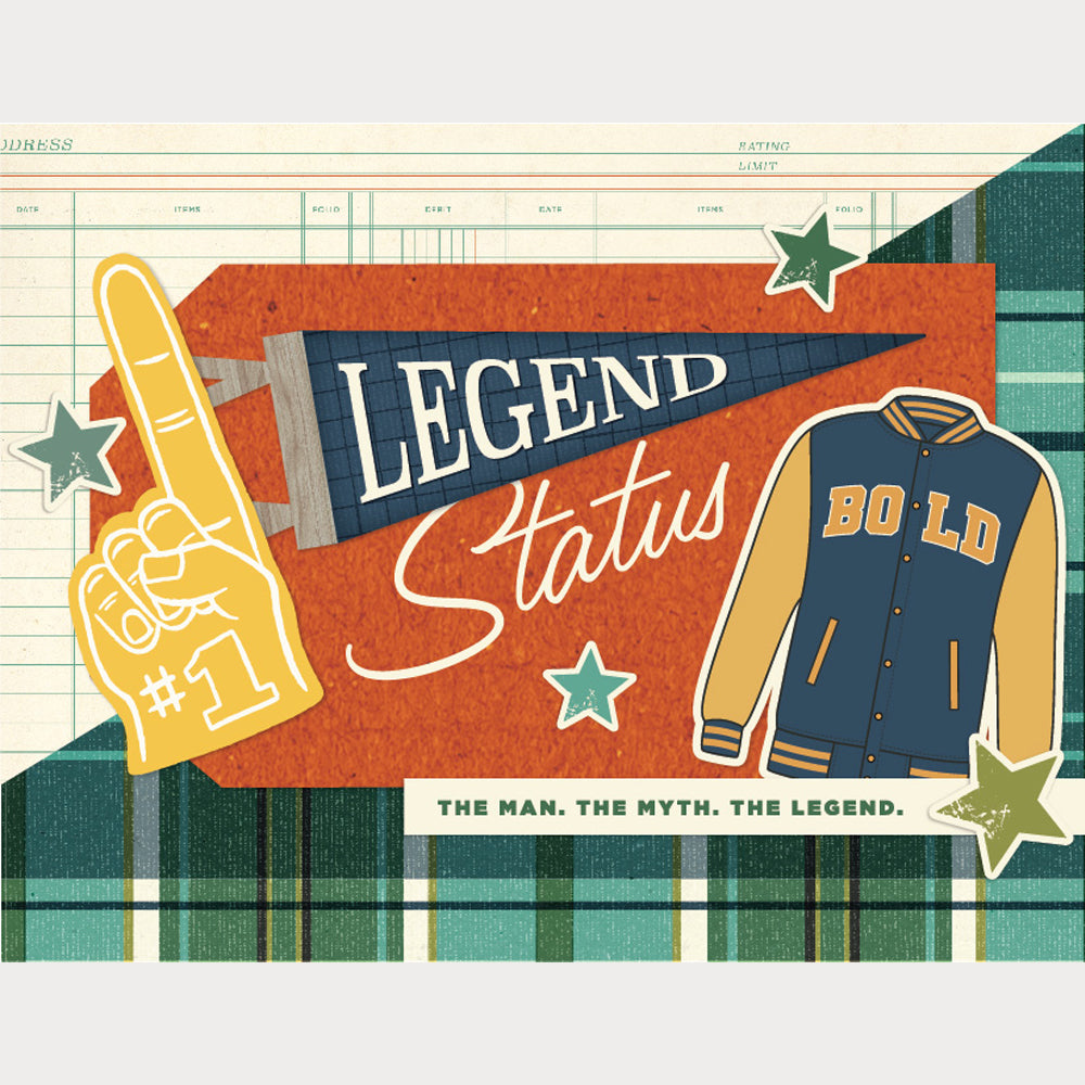 Card design with 'Legend Status' banner, foam finger, and varsity jacket on a plaid background