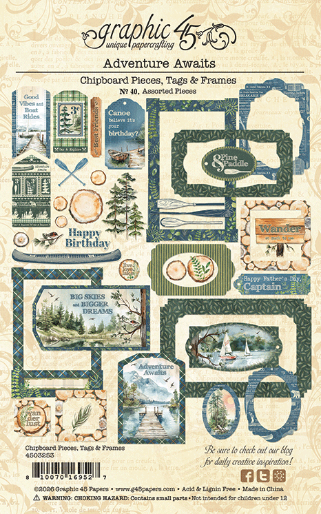 Graphic 45 - Adventure Awaits Collection - Chipboard Embellishments - Tags And Frames