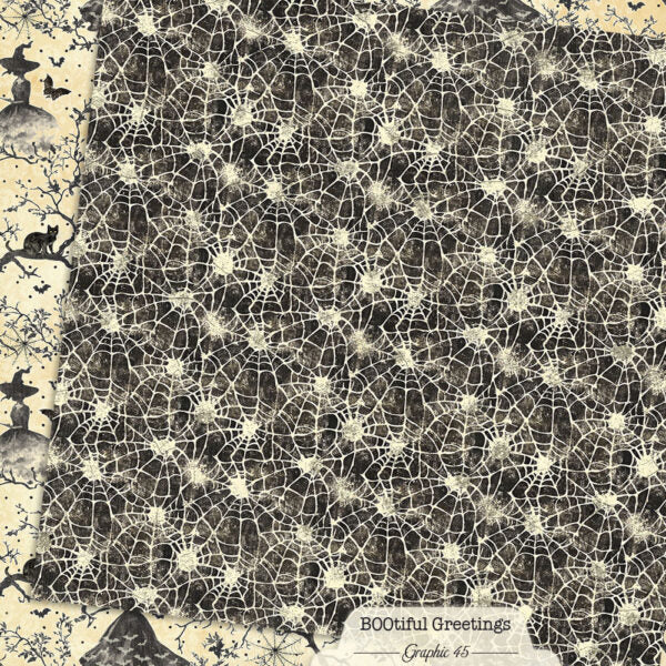 Graphic 45 - BOOtiful Greetings Collection - 12 x 12 Double Sided Paper - Witchy Spiderwebs