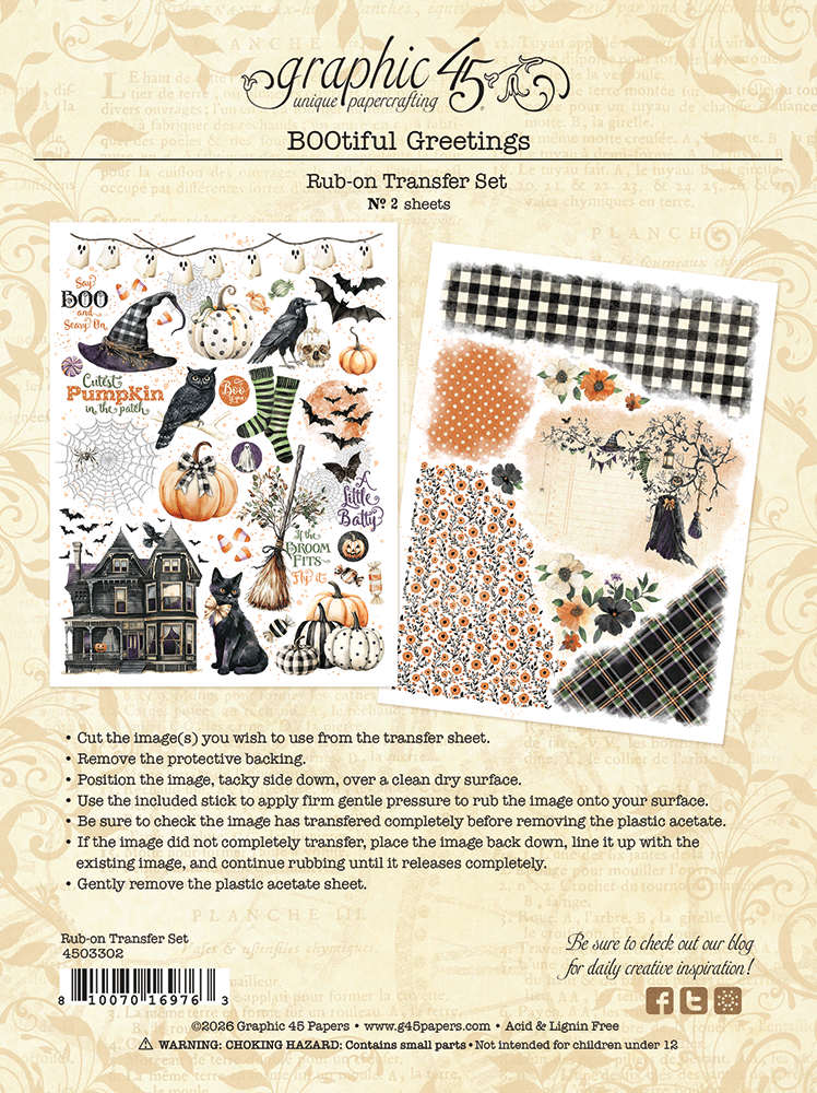 Graphic 45 - BOOtiful Greetings Collection -Chipboard Embellishments - Rub-On Transfers