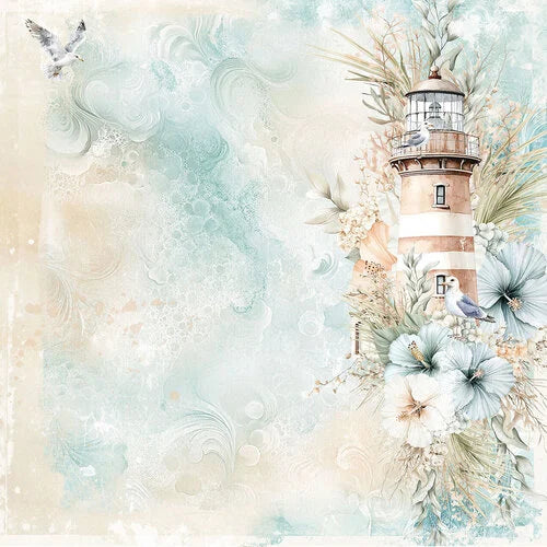 A decorative nautical artwork featuring a lighthouse on the right side, surrounded by pale blue flowers, sea plants, and small birds, with a soft abstract ocean-like background in mint, cream, and beige tones.