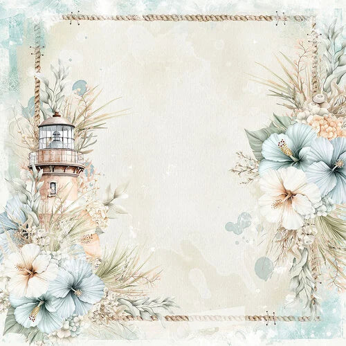 Decorative design with flowers, a lighthouse, and decorative elements on a light background