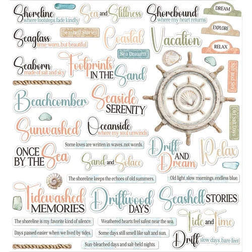 Collection of coastal-themed words and a ship's wheel on a white background
