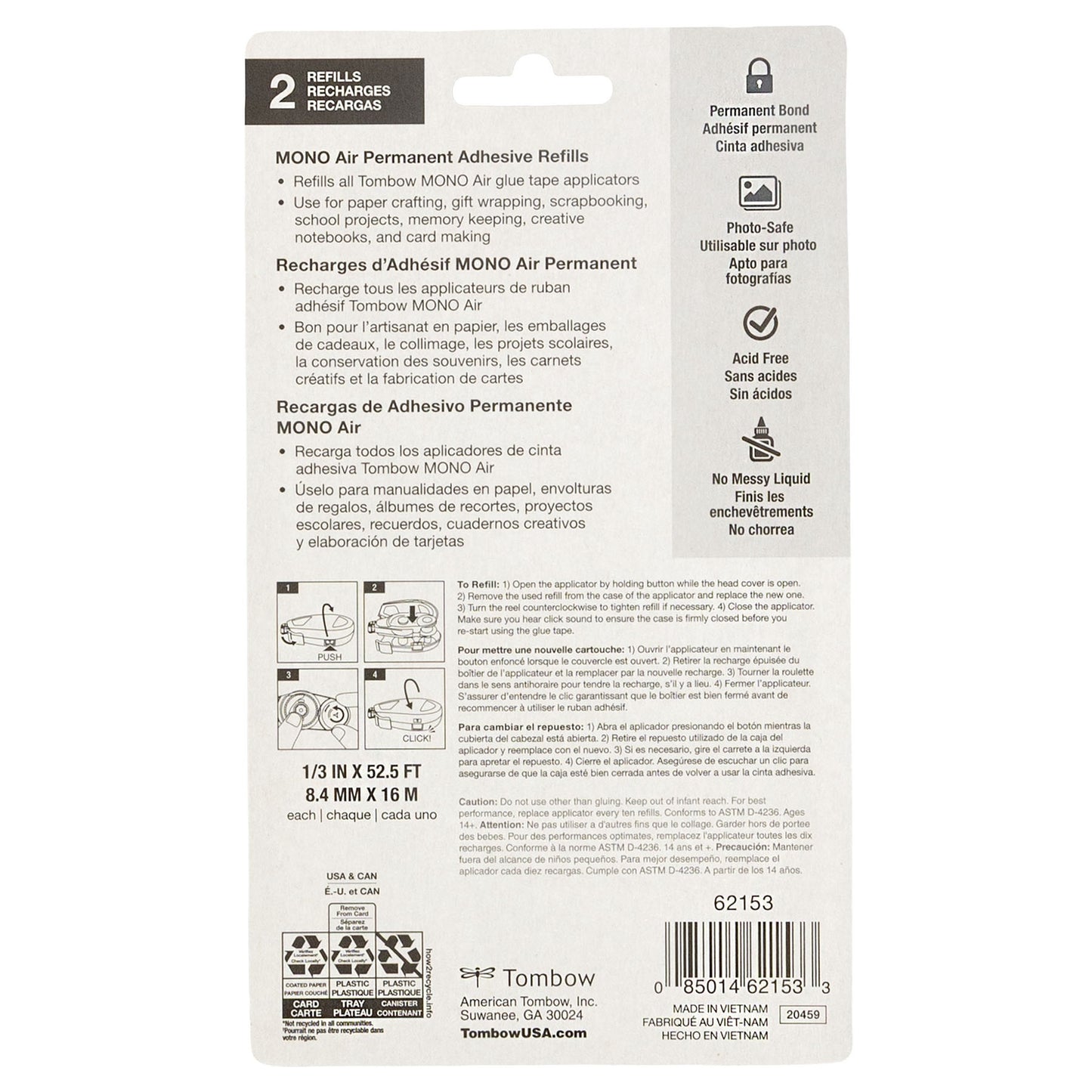 Back of a Tombow MONO Air Adhesive Refill packaging with text and branding.