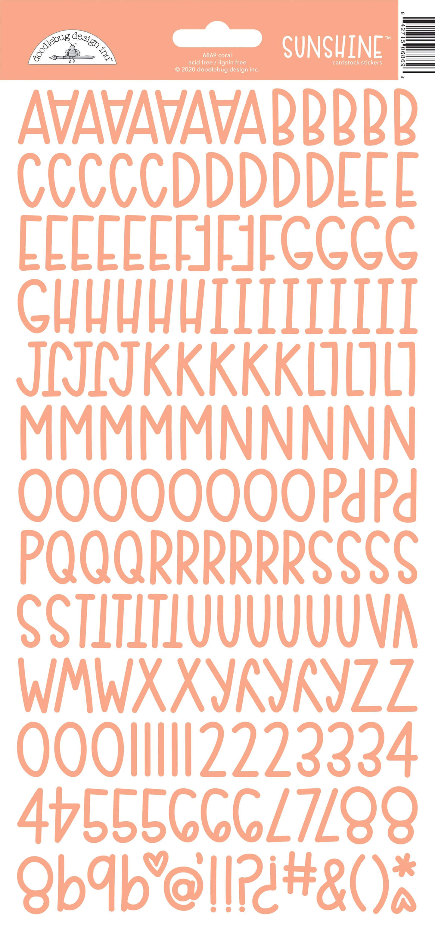 Set of cardstock coral letter and number stickers on a white background