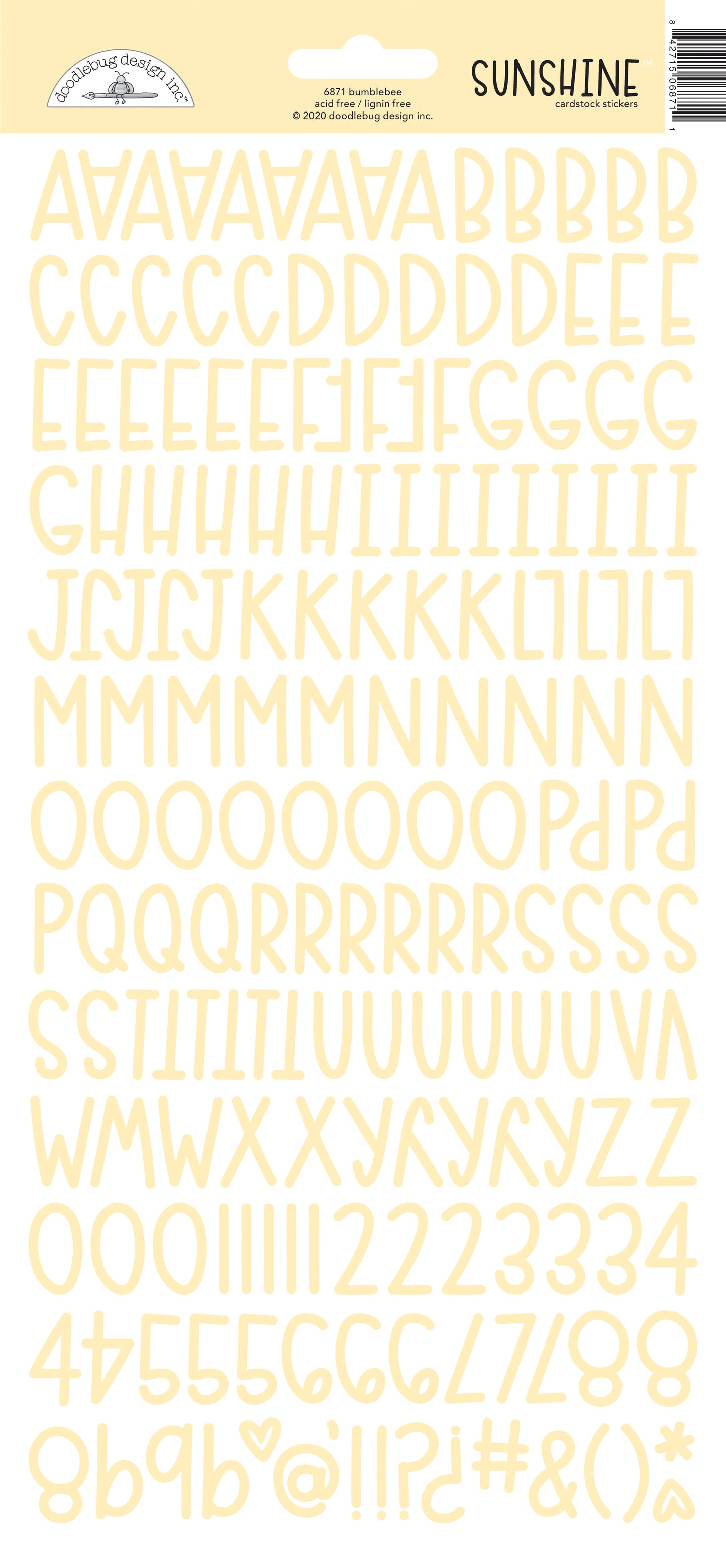 Yellow letter and number stickers on a white background