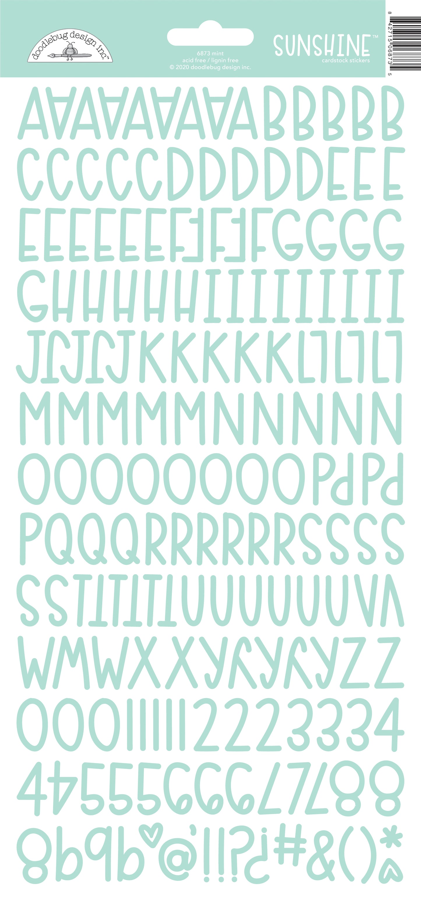 Mint green alphabet and number stickers on a white background