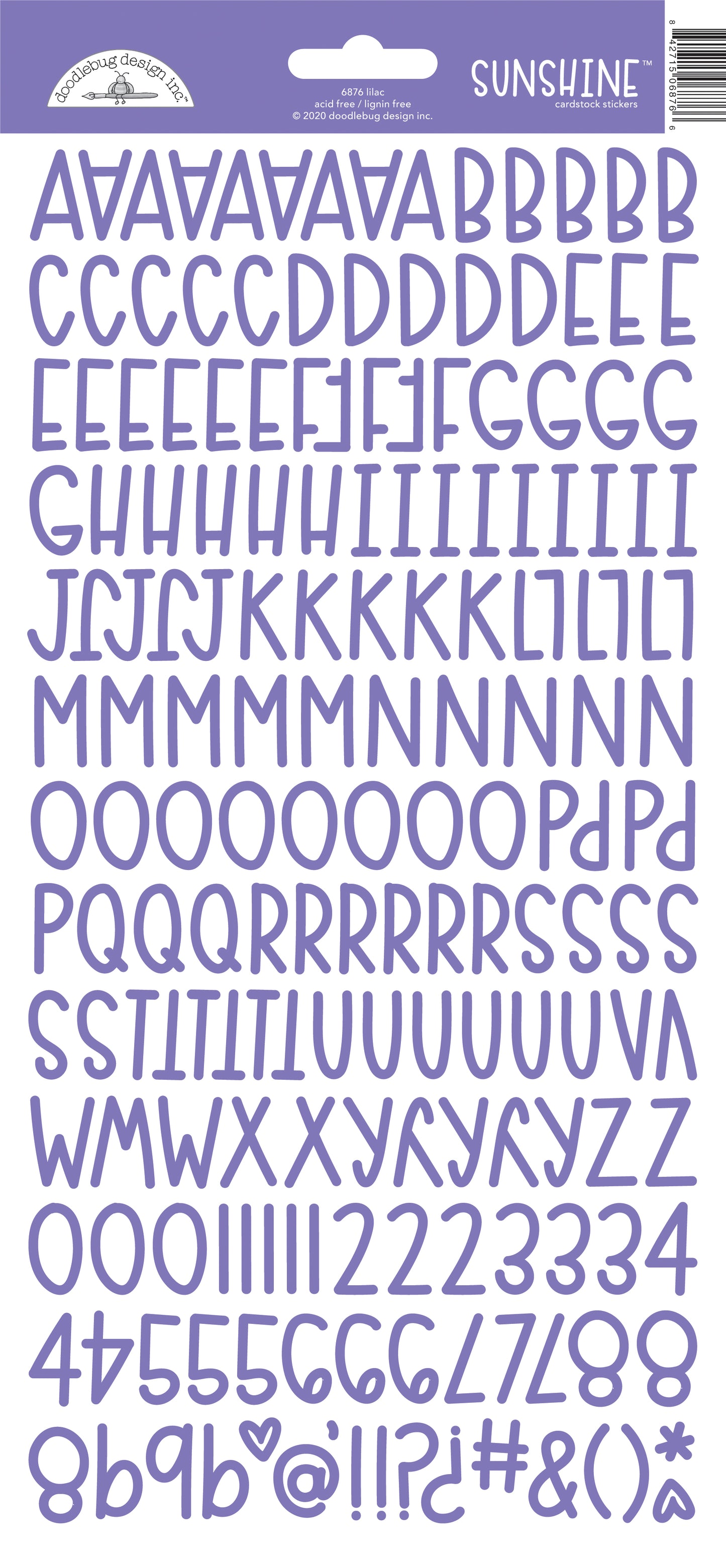 Purple letter and number stickers on a white background