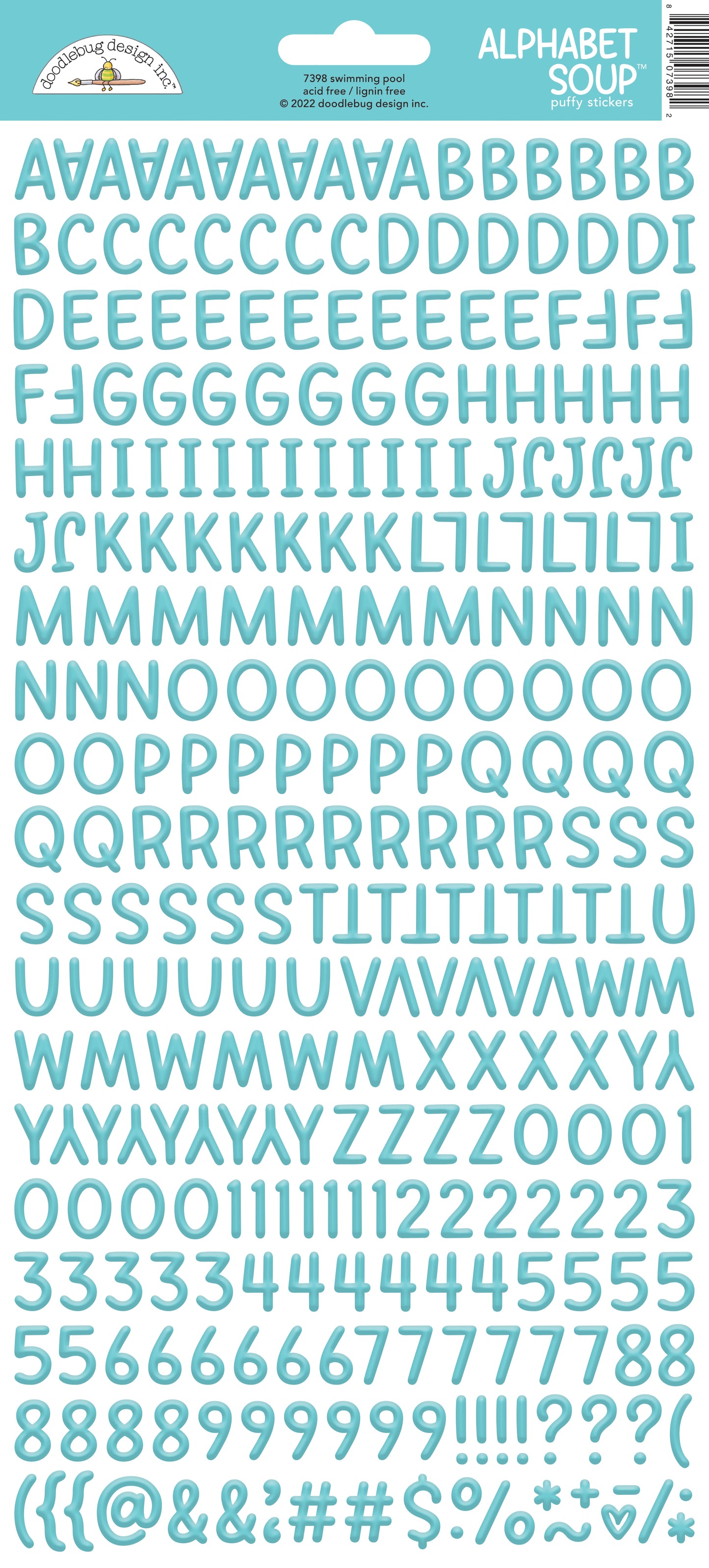 Blue Alphabet Soup letter and number stickers on a white background with a Doodlebug label