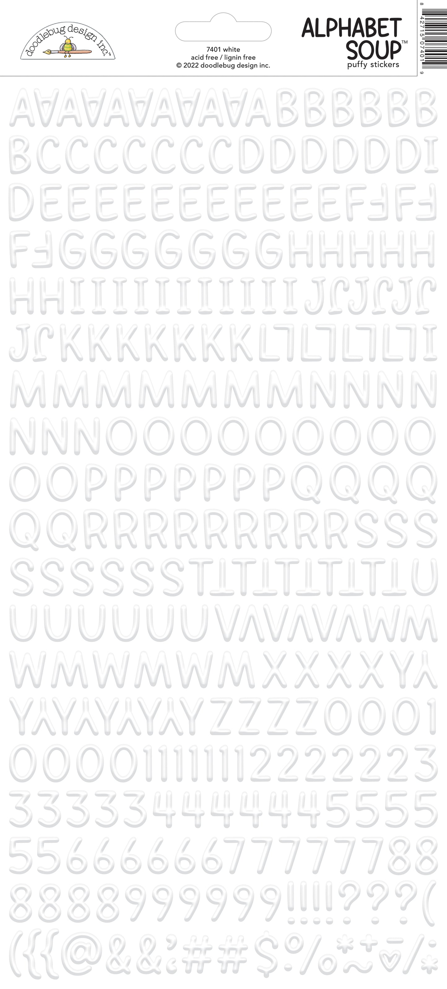 Sheet of white letter stickers with black text on a white background with a Doodlebug brand label