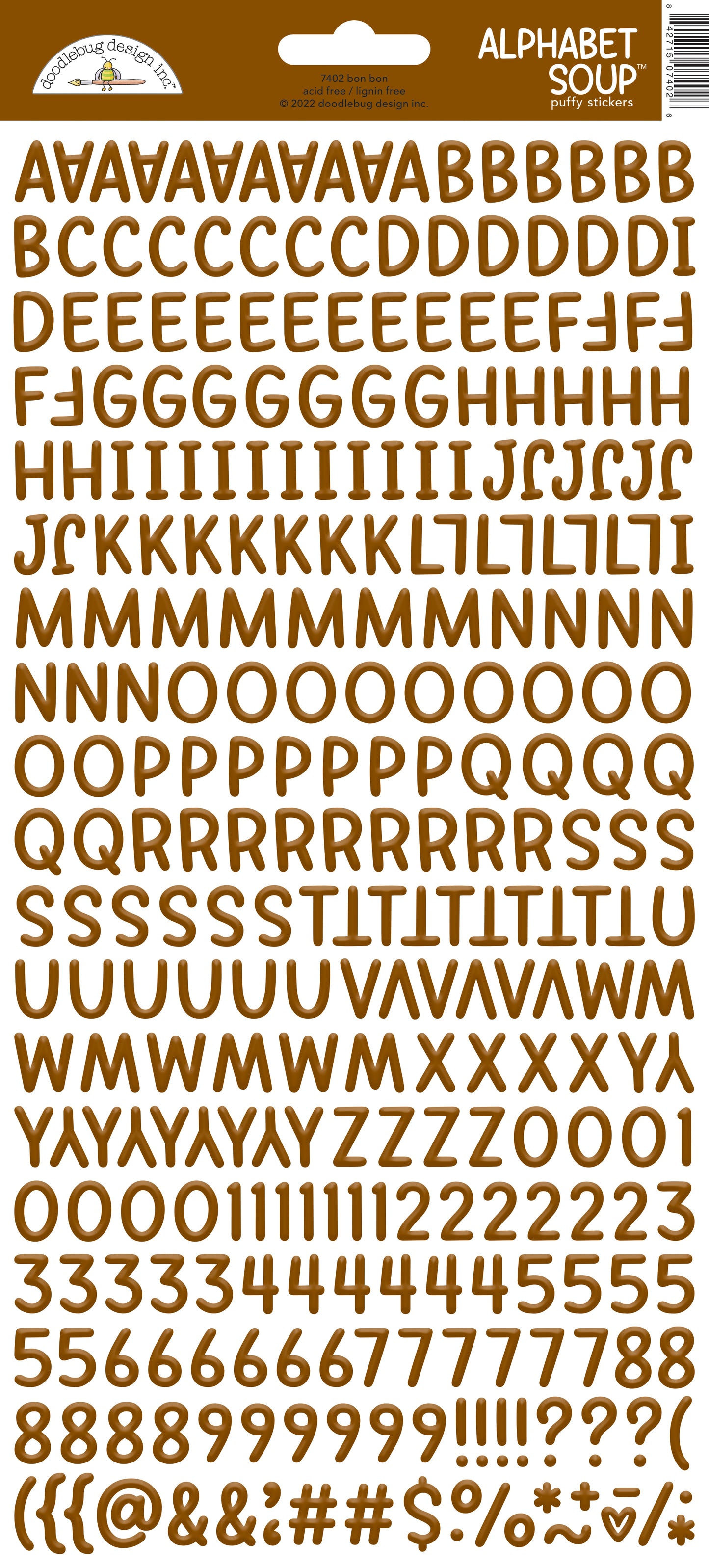 Brown Alphabet soup letter stickers on a white background with a Doodlebug Brand Label