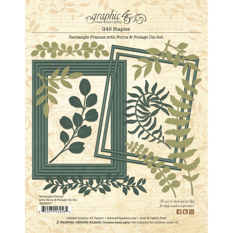 Graphic 45 - Staples Embellishments Collection - Metal Dies - Rectangle Frames With Ferns & Foliage