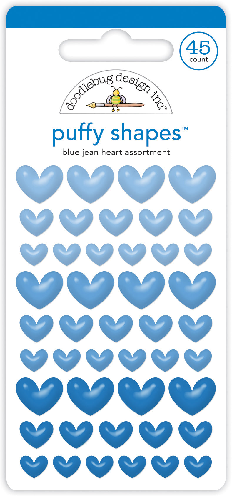 Doodlebug Design - Monochromatic Collection - Stickers - Puffy Shapes - Blue Jean Hearts