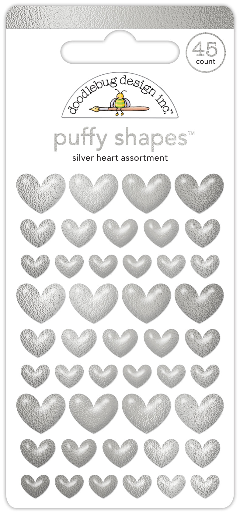 Doodlebug Design - Monochromatic Collection - Stickers - Puffy Shapes - Silver Hearts