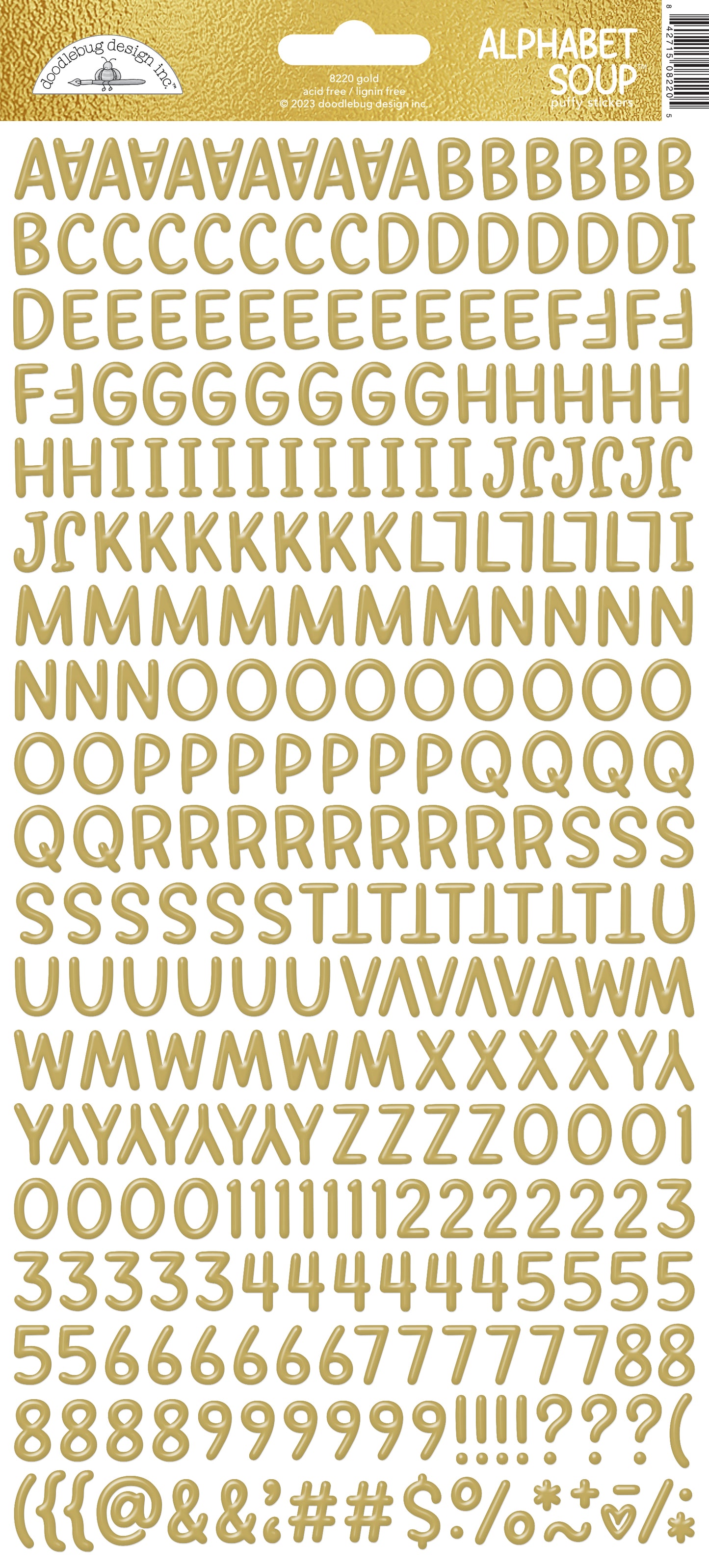 Gold alphabet and number stickers on a white background