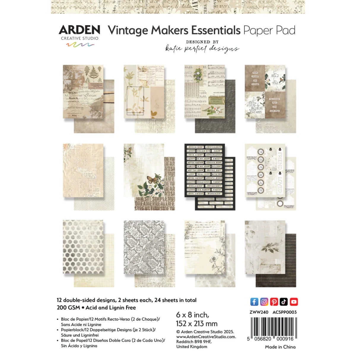 Arden Creative Studio - Vintage Makers - 6 x 8 Essentials Paper Pack - by Katie Pertiet