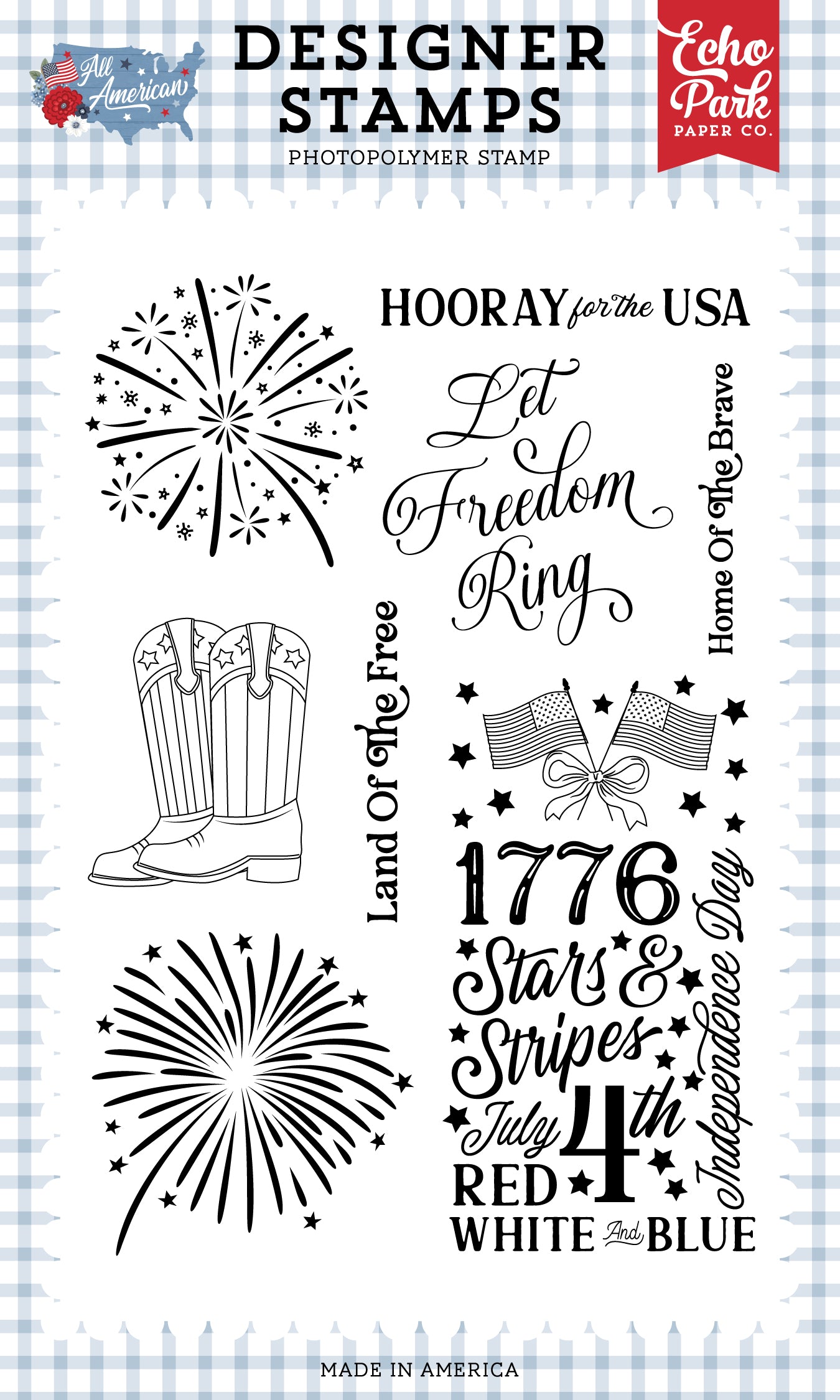 Set of patriotic stamps with text and graphics on a checkered background