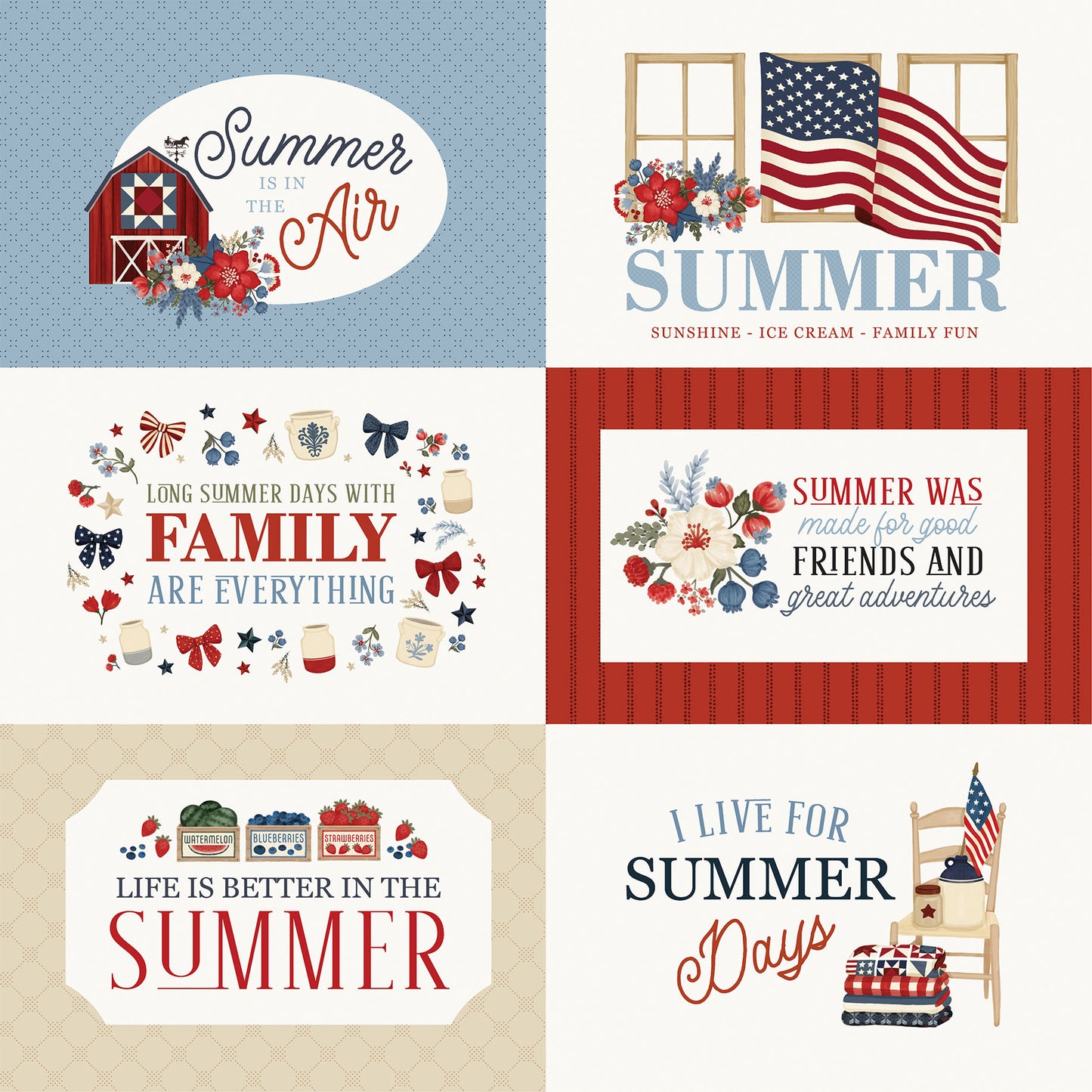 Carta Bella - Americana Summer Collection - 12 x 12 Double-Sided Paper - 6 x 4 Journaling Cards