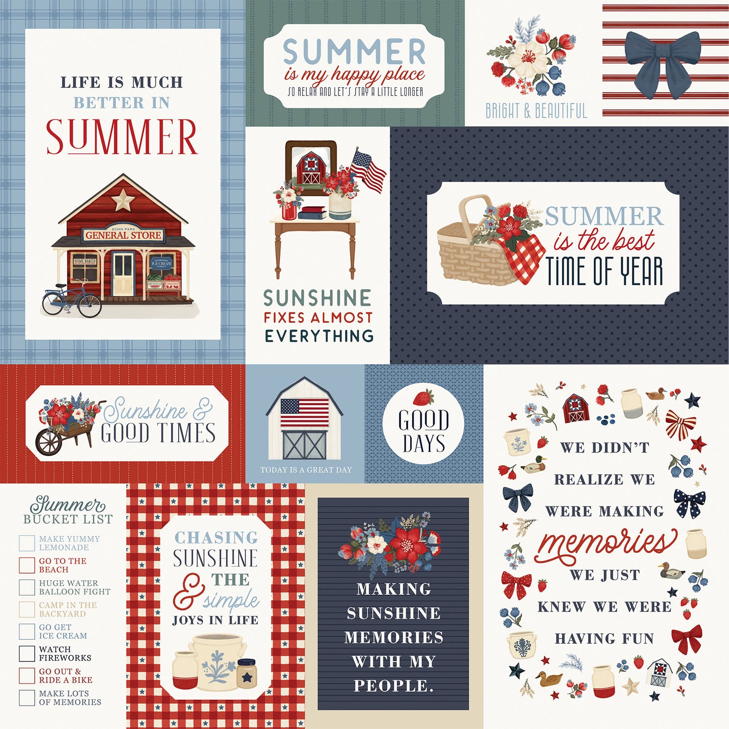 Carta Bella - Americana Summer Collection - 12 x 12 Double-Sided Paper - Multi Journaling Cards
