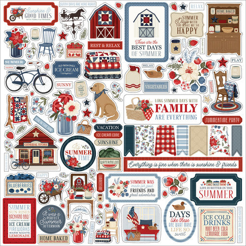 Collection of summer-themed stickers with various graphics and text on a white background.