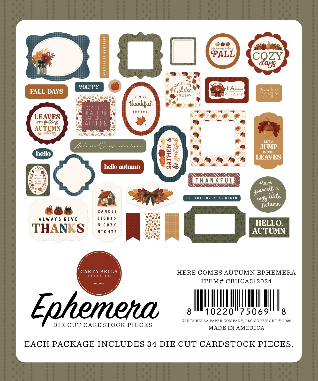 Carta Bella Paper -Here Comes Autumn Collection - Ephemera