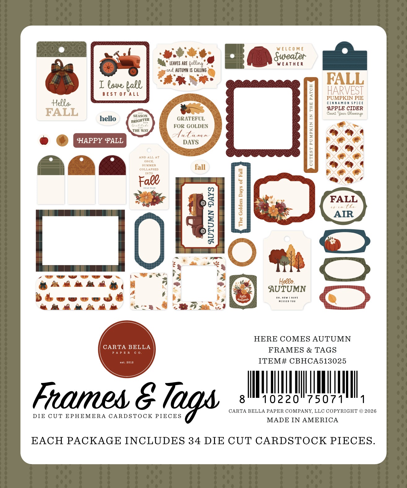 Carta Bella Paper -Here Comes Autumn Collection - Ephemera - Frames And Tags