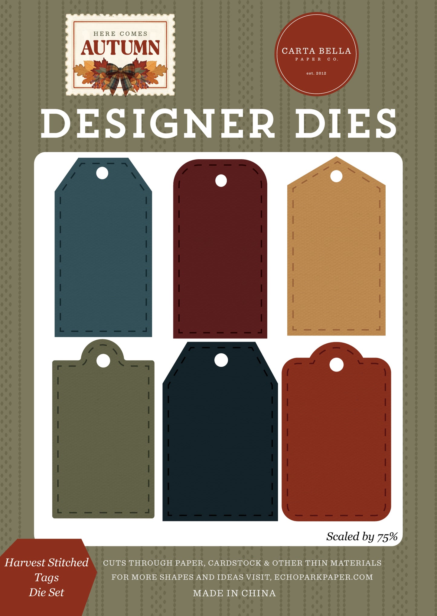 Carta Bella Paper -Here Comes Autumn Collection - Designer Dies - Harvest Stitched Tags