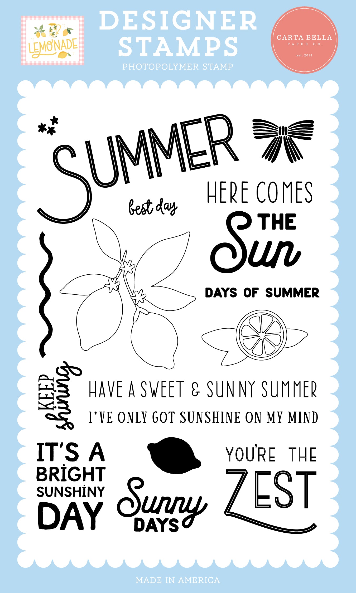 Set of summer-themed stamps with text and graphics on a light blue background