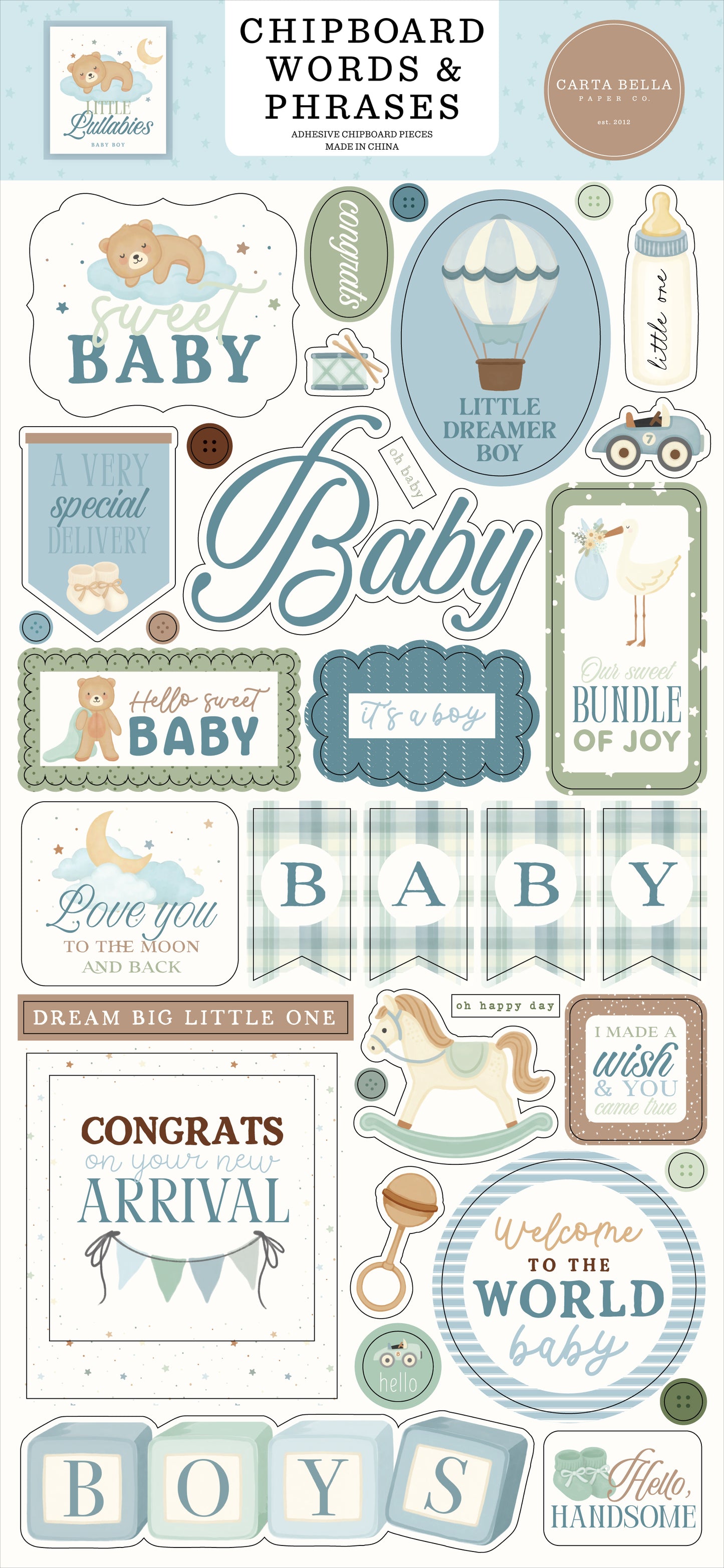 Carta Bella - Little Lullabies Baby Boy Collection - Chipboard Words & Phrases