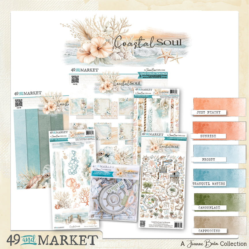 A collage of decorative paper and sticker sheets from the 49 and MARKET Coastal Soul collection by Joanne Bain, featuring soft pastel blue, beige, and coral tones with floral and nautical designs.
