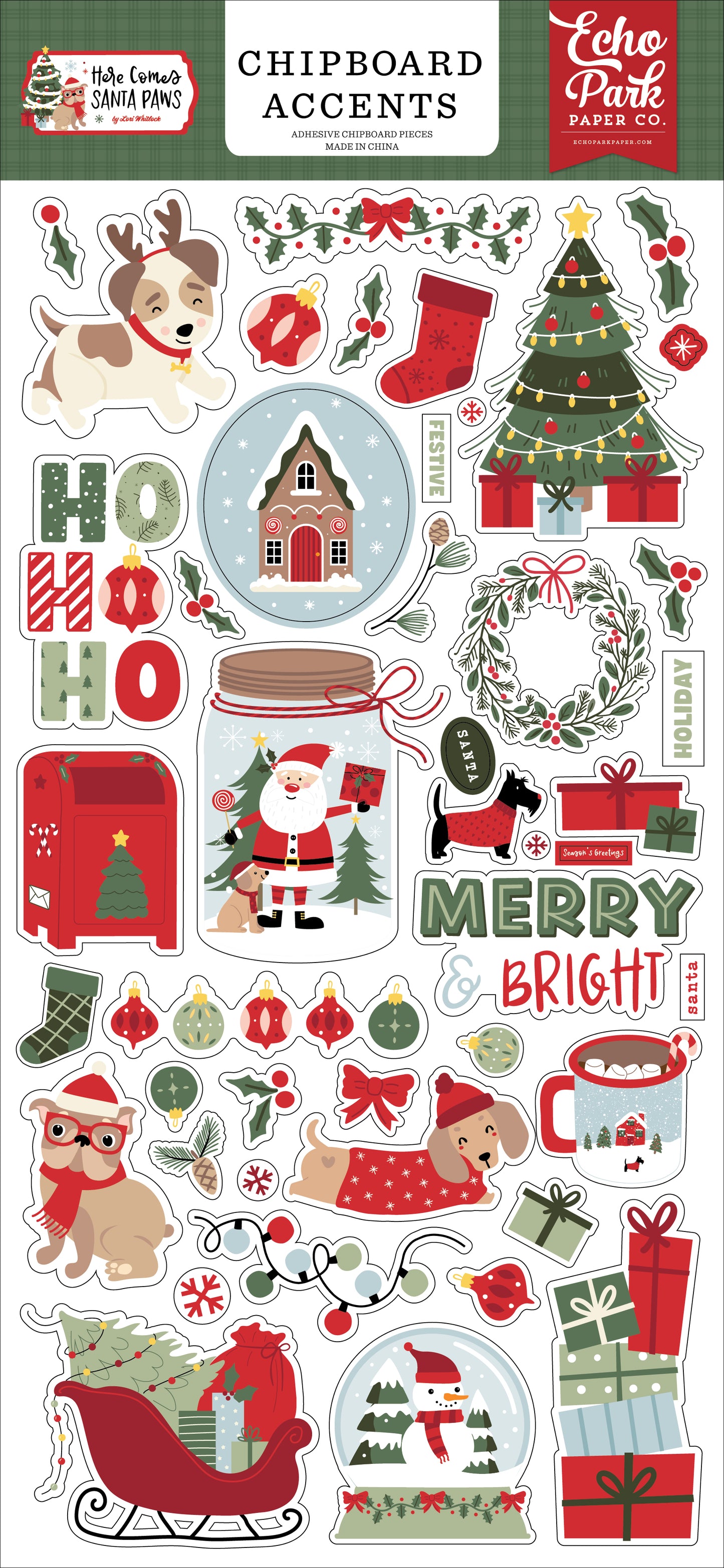 Echo Park - Here Comes Santa Paws Collection - 6 x 13 Chipboard Accents